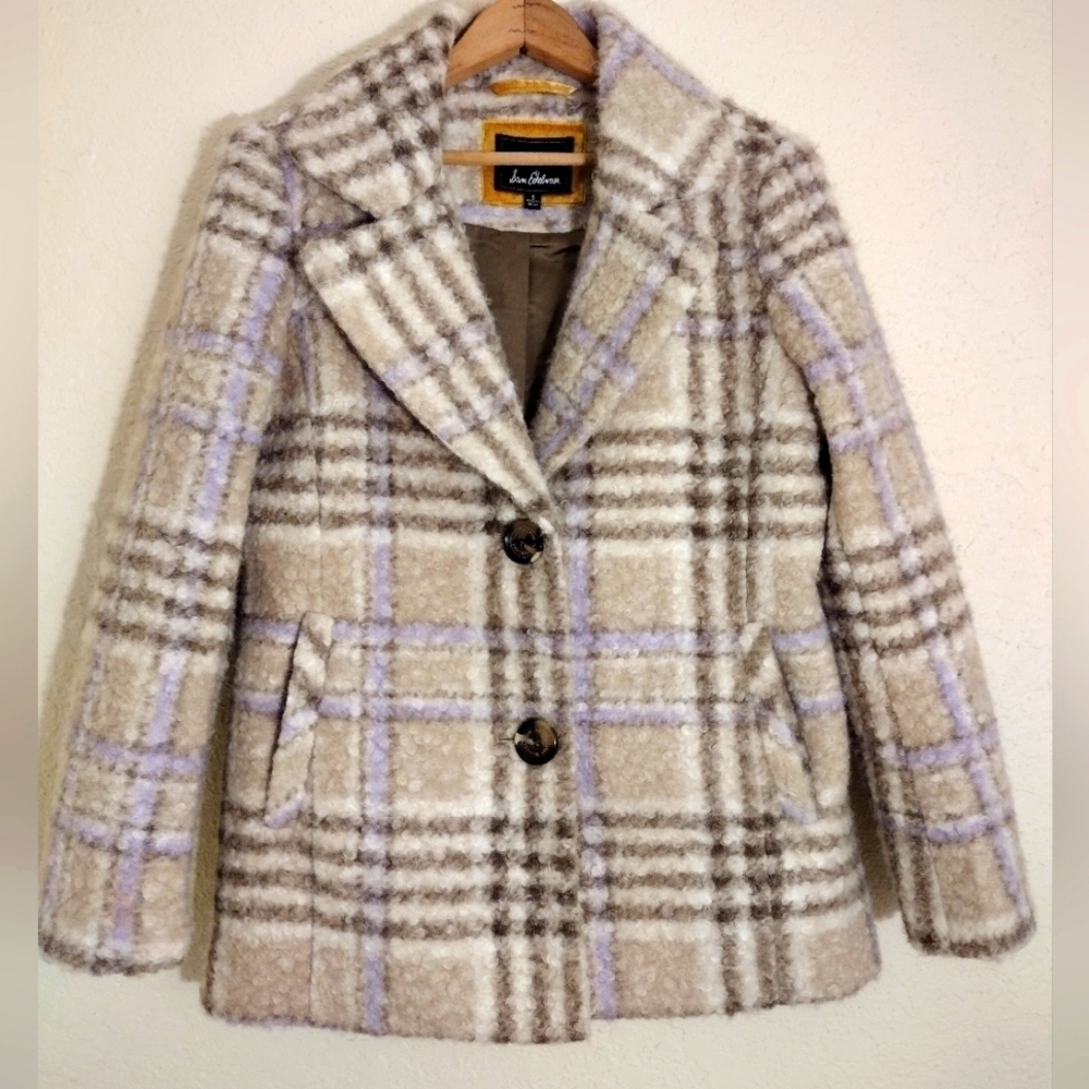Sam Edelman Cream & Lavender Plaid Teddy Jacket Textured Blazer Coat - Picture 5 of 13